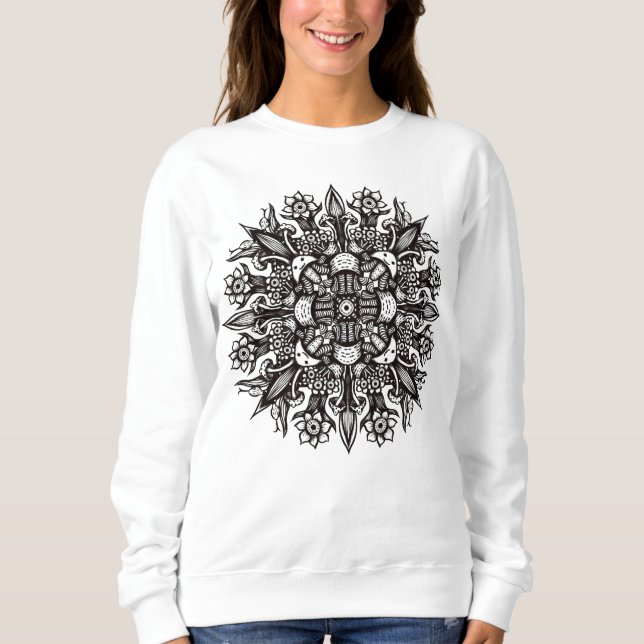 Sudadera Mandalas de Hongos Alucinógenos en Blanco y Negro (Anverso)