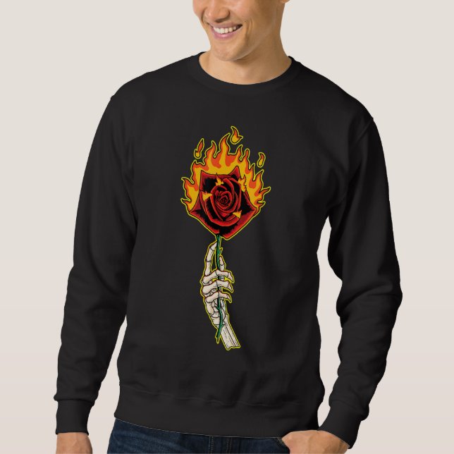 Sudadera Mano de esqueleto con flor de rosa en llamas (Anverso)