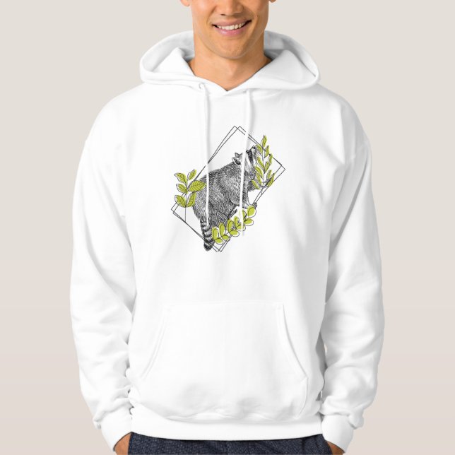 Sudadera Mapache curioso y follaje verde lima - Grabado (Anverso)