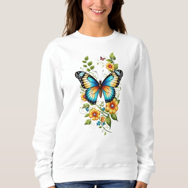 Sudadera Mariposa azul y flores amarillas-45871 Hoodie (Anverso)
