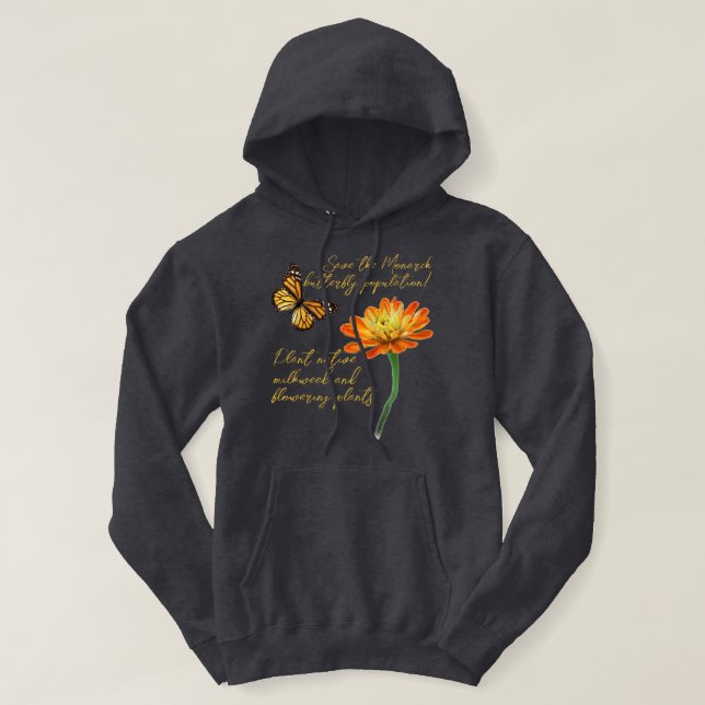 Sudadera Mariposa monarca, flor zinnia, (Diseño del anverso)