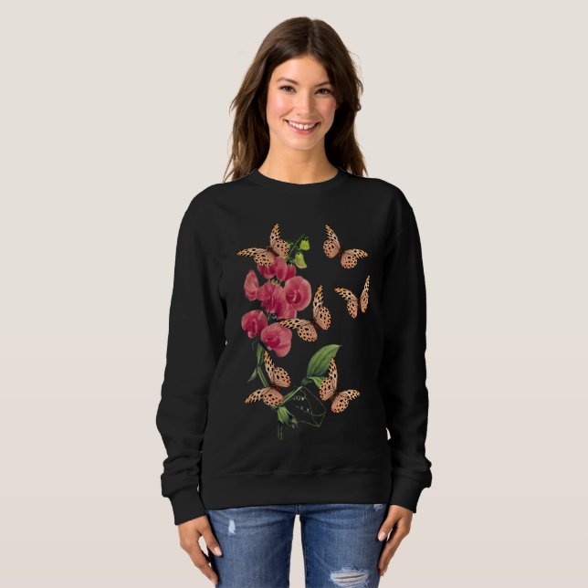 Sudadera Mariposas Y Flor De Pea Dulce Negro (Anverso completo)