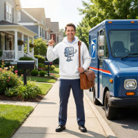Mascota de buzón feliz personaje postal azul