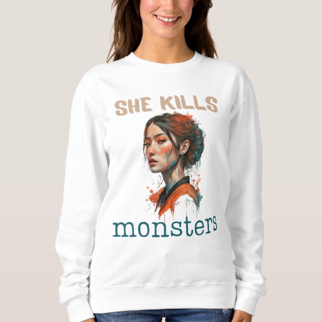 Sudadera Mata monstruos, arte, rostro de mujer fuerte (Anverso)