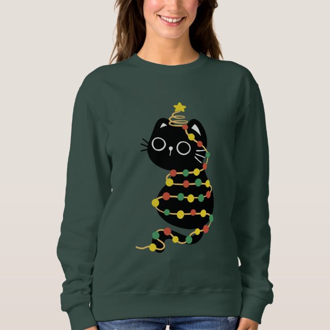 Sudadera Meowy Christmas Xmas Lights Black Cat  (Anverso)