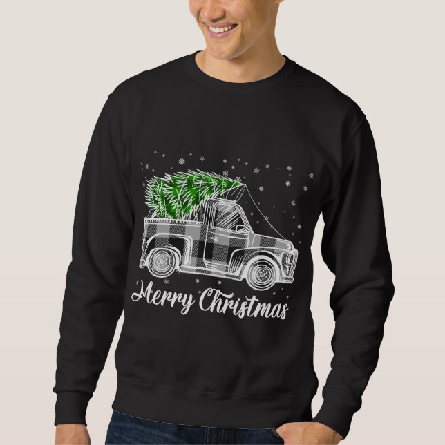 Sudadera Merry Christmas Buffalo Truck Tree Black and White (Anverso)