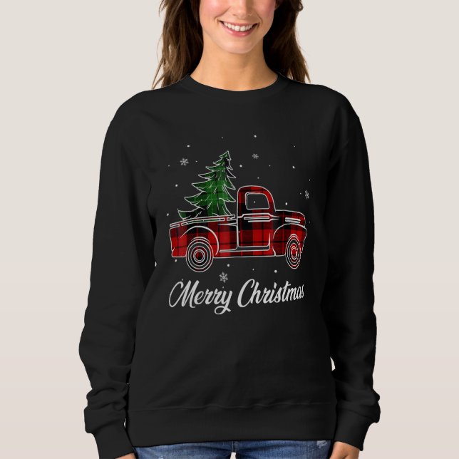 Sudadera Merry Christmas Buffalo Truck Tree Red Plaid For M (Anverso)