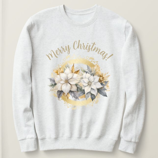 Sudadera Merry Christmas Poinsettia White & Gold Sweatshirt (Anverso del diseño)