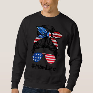 Sudadera Momlife Messy Bun Women America Bandera Día de la