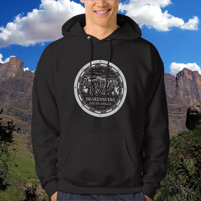 Sudadera Montañas Drakensberg - Sudáfrica (Drakensberg Mountains Hoodie in Back with a white compass and mountain illustration)