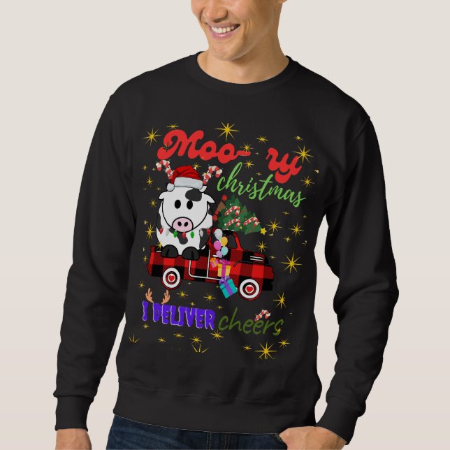 Sudadera Moo-ry Christmas Cow in Plaid Truck Holiday design (Anverso)