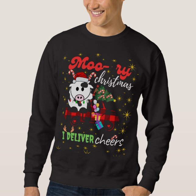 Sudadera Moo-ry Christmas Cow in Plaid Truck Holiday design (Anverso)