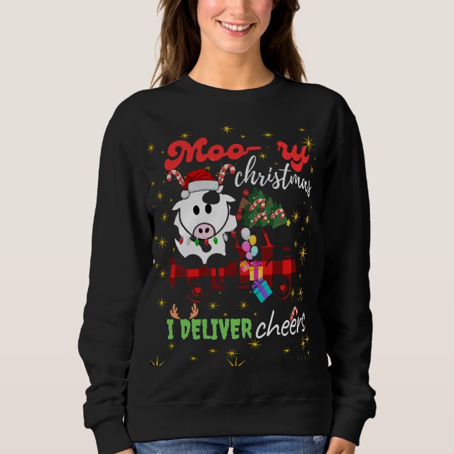 Sudadera Moo-ry Christmas Cow in Plaid Truck Holiday design (Anverso)