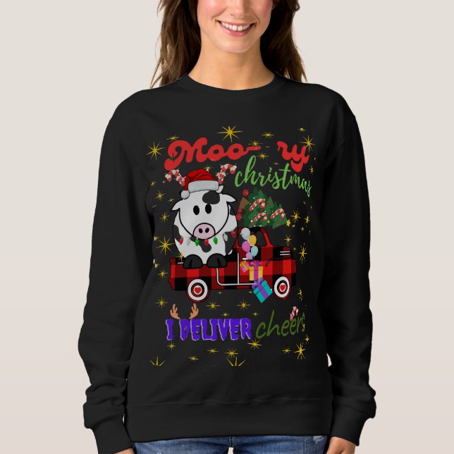 Sudadera Moo-ry Christmas Cow in Plaid Truck Holiday design (Anverso)