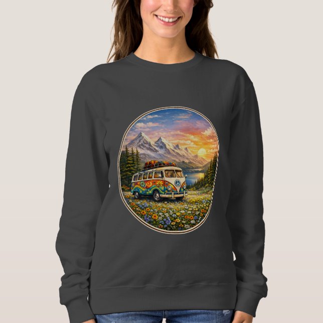 Sudadera Mountain Sunset Wildflowers Retro Hippie Van Life (Anverso)