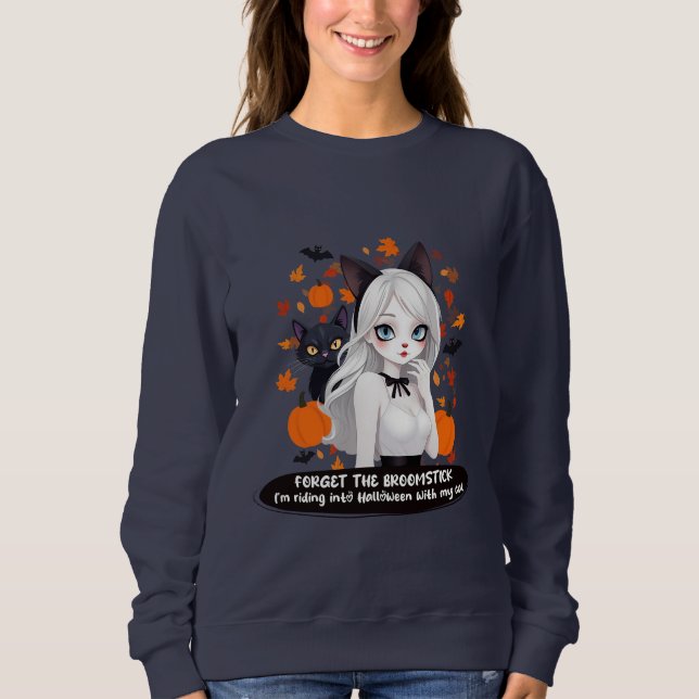 Sudadera Mujer animosa con gato negro. (Anverso)