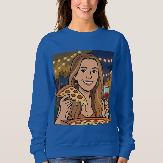 Sudadera Mujer disfrutando del vino y la pizza al aire libr (Anverso)