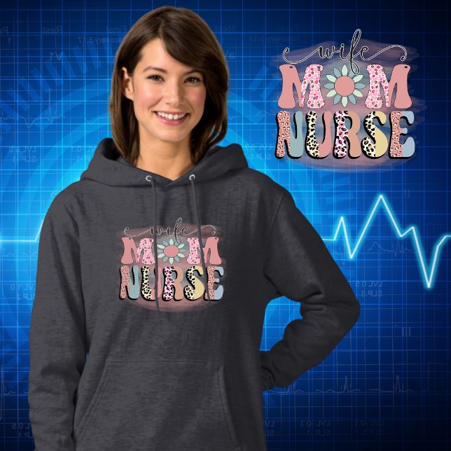 Sudadera Mujer Esposa Mamá Enfermera Típografía de Leopardo (Wife Mom Nurse Groovy Vintage Retro Leopard Print Typography with Flower Nurse Life Hoodie)