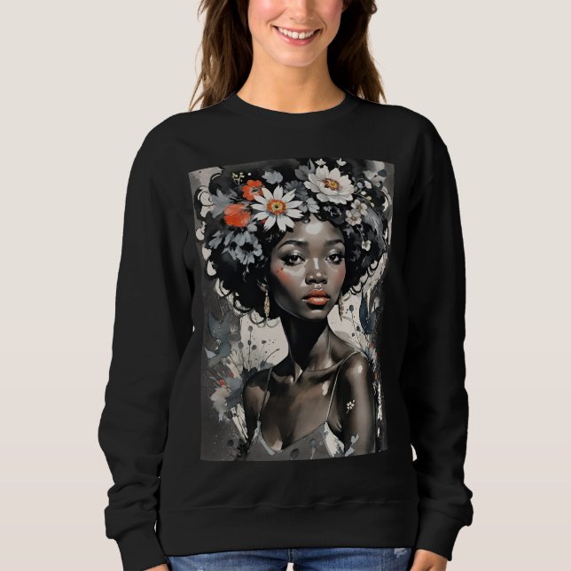 Sudadera Mujer Negra Con Flores En El Pelo (Anverso)