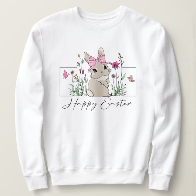 Sudadera Mujeres Floral Rosa Feliz Conejo de Pascua (Anverso del diseño)