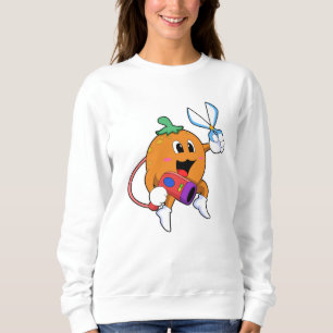 Sudadera Naranja como peluquero con tijeras y secador de pe