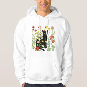 Sudadera Naturaleza botánica: gato negro en jardín de flore