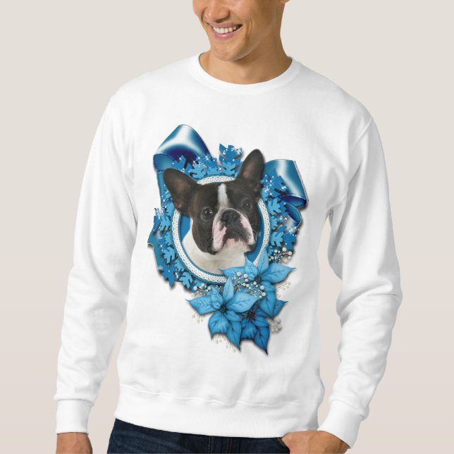 Sudadera Navidad - copos de nieve azules - Boston Terrier (Anverso)