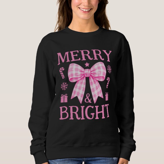 Sudadera Navidad de lazo de gingham rosa Merry & Bright (Anverso)