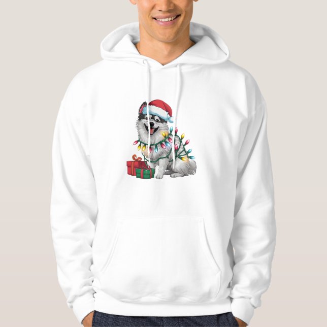 Sudadera Navidad de perro de espitz japonés iluminando Sant (Anverso)