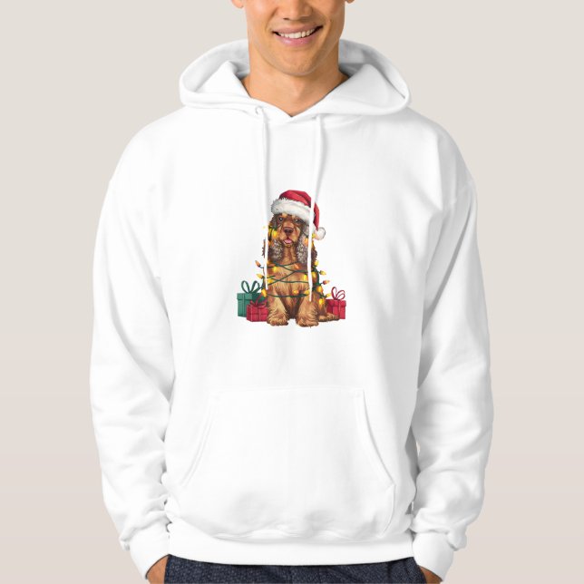 Sudadera Navidad de perro español iluminando Santa Hat Cock (Anverso)