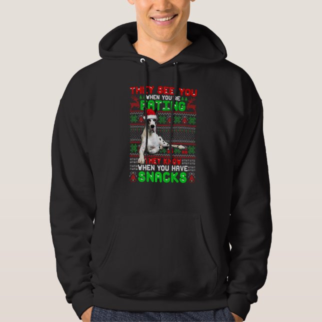 Sudadera Navidad, gran danés, te ven cuando comes (Anverso)