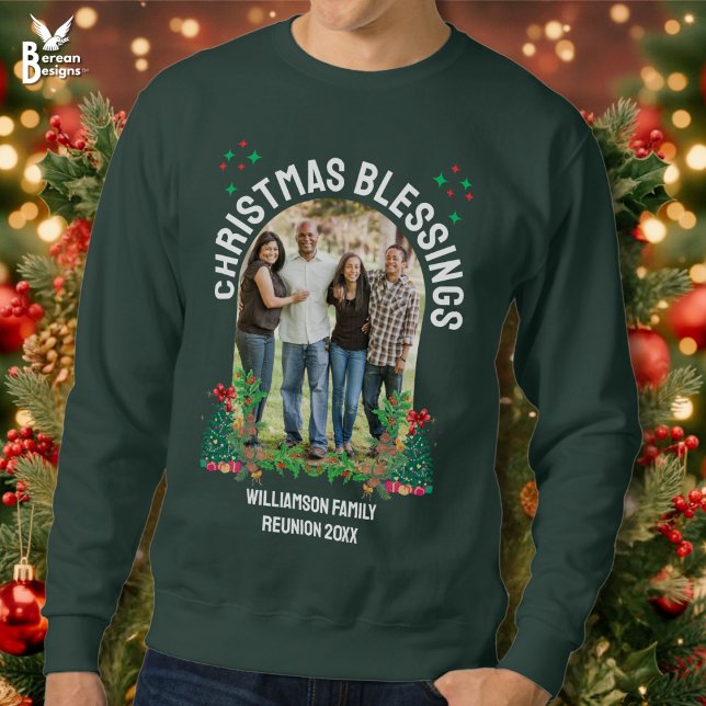 Sudadera NAVIDADES BENDICIONES FAMILIARES REUNIÓN Grupo de  (Christmas Blessings Family Reunion group sweatshirts with custom text and photo for all the family.)