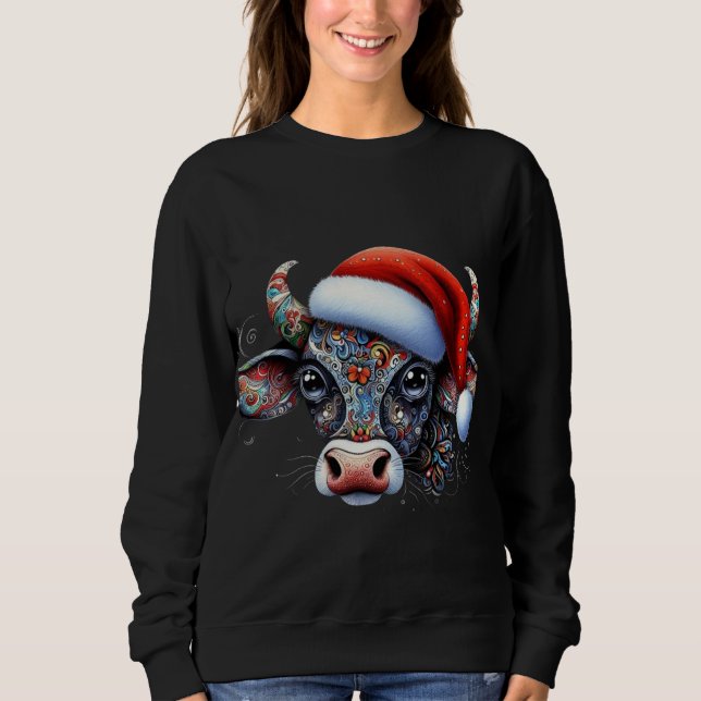 Sudadera Navidades Cow Bull con Santa Hat Arte Popular Mexi (Anverso)