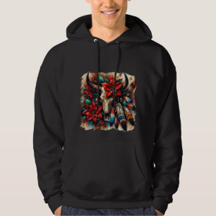Sudadera Navidades Cow Bull Skull Poinsettias Feathers