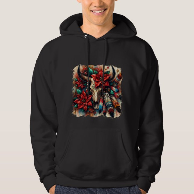 Sudadera Navidades Cow Bull Skull Poinsettias Feathers (Anverso)