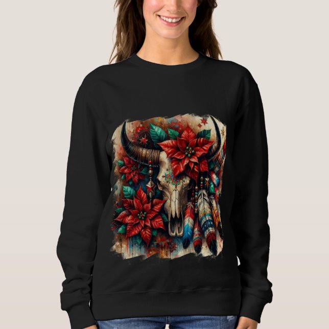 Sudadera Navidades Cow Bull Skull Poinsettias Feathers (Anverso)