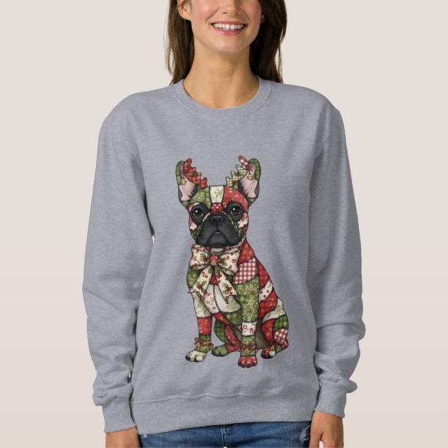 Sudadera Navidades de Bulldog de Francia en patchwork festi (Anverso)