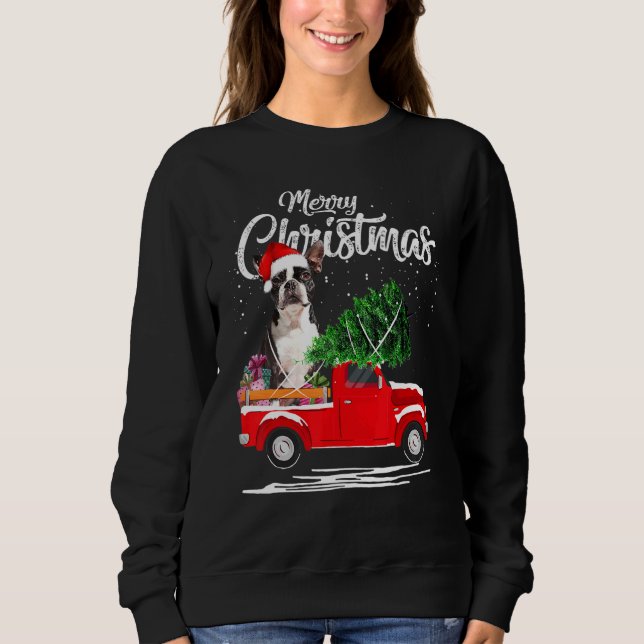 Sudadera Navidades de camionetas rojas de Boston Terrier Do (Anverso)