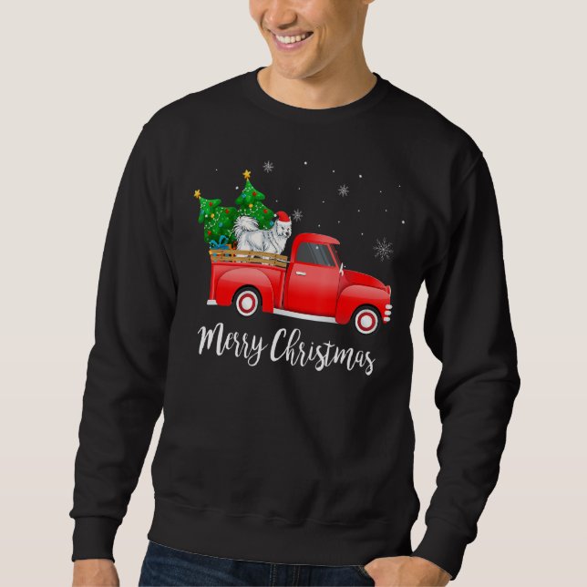 Sudadera Navidades de camionetas rojas de perro de Samoyed (Anverso)