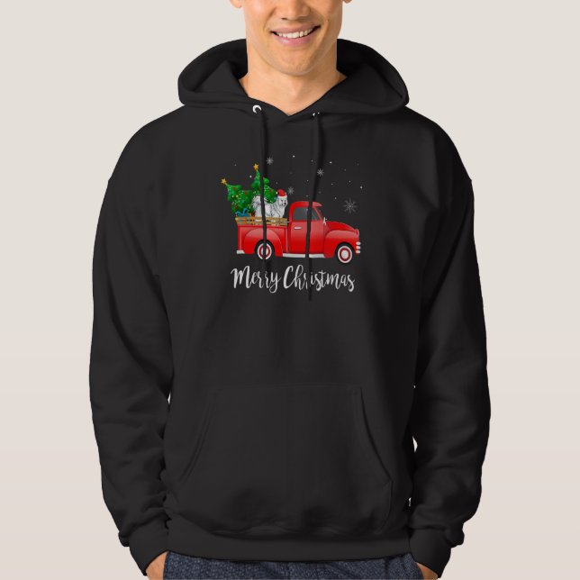 Sudadera Navidades de camionetas rojas de perro de Samoyed (Anverso)