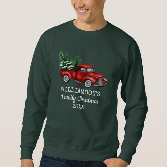 Sudadera Navidades de familia Vintage Red Truck Green (Anverso)