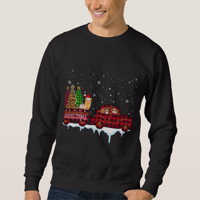 Sudadera Navidades de perro de Yorkshire Red Plaid Truck Sa (Anverso)