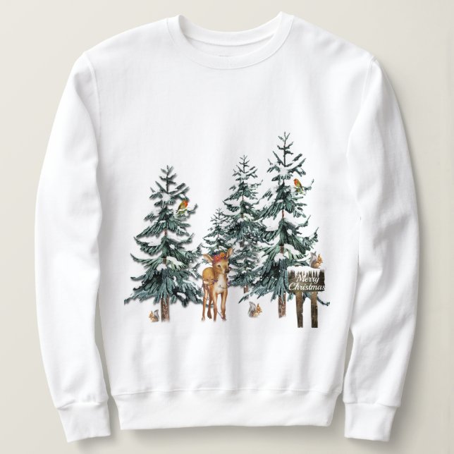 Sudadera Navidades Deer Squirrel Birds Pine Tree Forest (Anverso del diseño)
