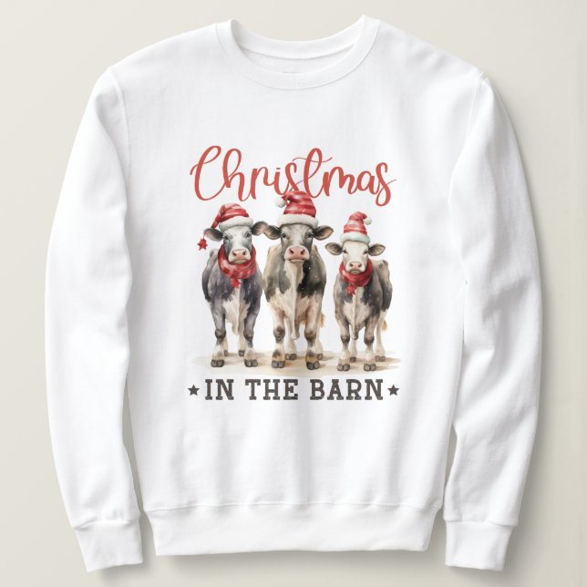 Sudadera Navidades en vacas rusticas de granero en Santa Ha (Anverso del diseño)