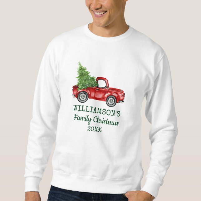 Sudadera Navidades familiares de camionetas rojas antiguas  (Anverso)