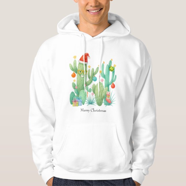 Sudadera Navidades festivos Cactus con Santa Hat y Ornament (Anverso)