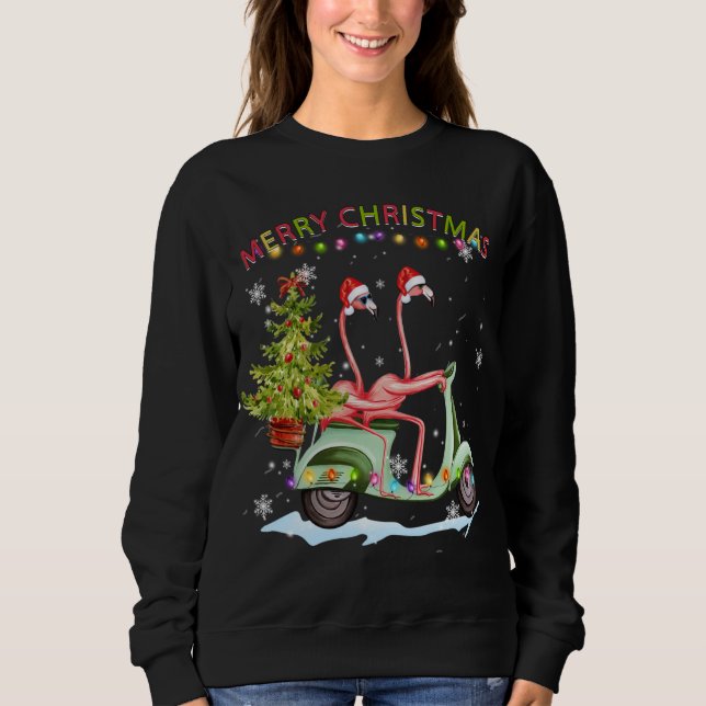 Sudadera Navidades Flamingo Motorcycle Xmas Luces Merry Ch (Anverso)