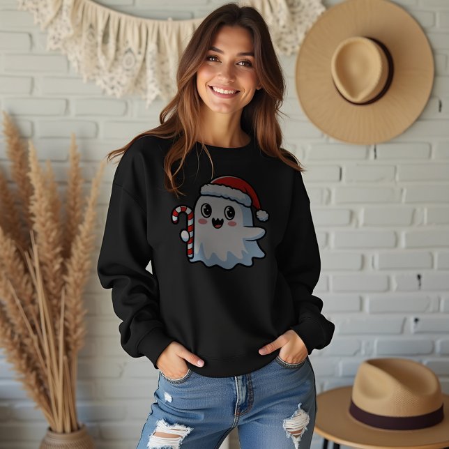 Sudadera Navidades Ghost Candy Cane (Christmas Ghost Candy Cane Sweatshirt, Holiday Cute Ghost Jumper, Festive Soft Fleece Pullover)