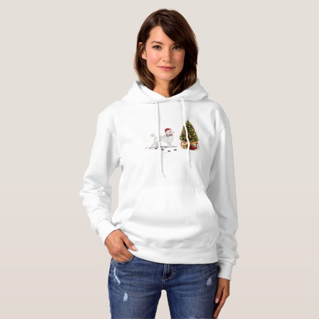 Sudadera Navidades graciosos de White Poodle con árbol (Anverso completo)