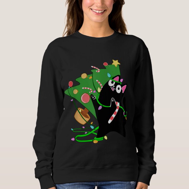 Sudadera Navidades Zoomías de gato negro golpean el árbol d (Anverso)